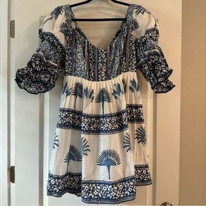 Elegant Blue and White Patterned Mini Dress